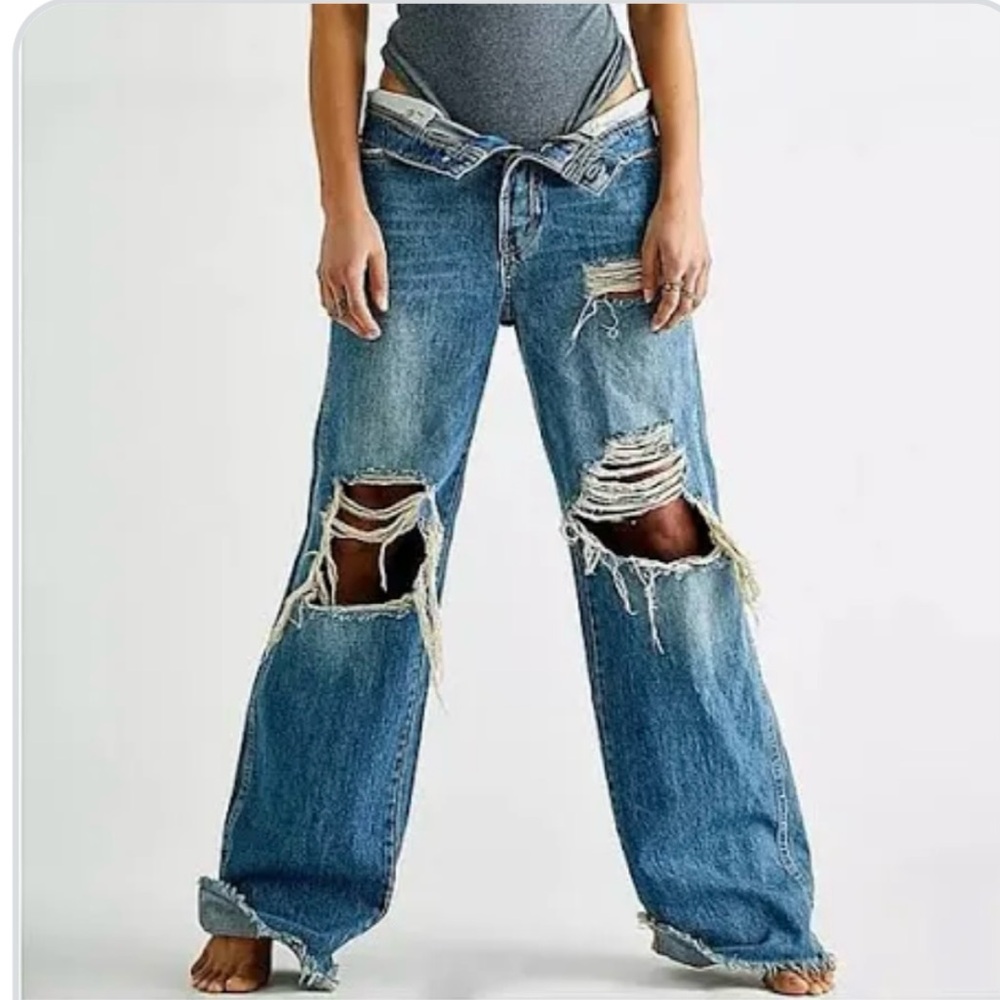 Free People Ollie Extreme Wide Leg Jeans Great Lakes Blue Size 27